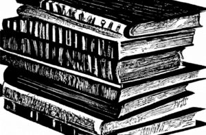 A black and white woodcut of stacked books of different sizes