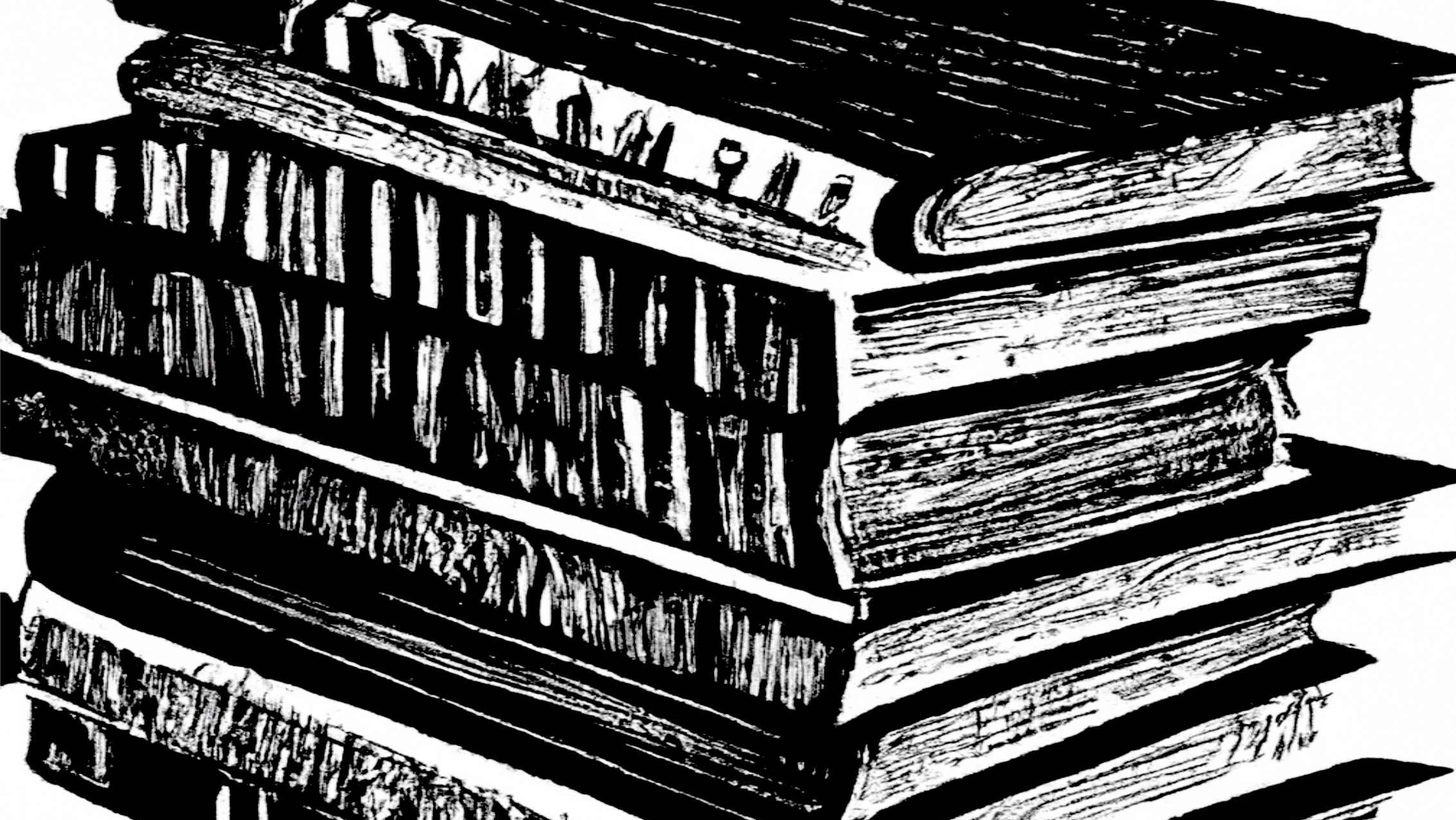 A black and white woodcut of stacked books of different sizes