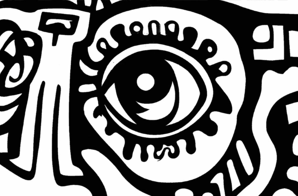 Abstract black and white illustration, flower as an eye looking out