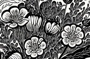 Exuberant Flowers, Black and White Woodcut