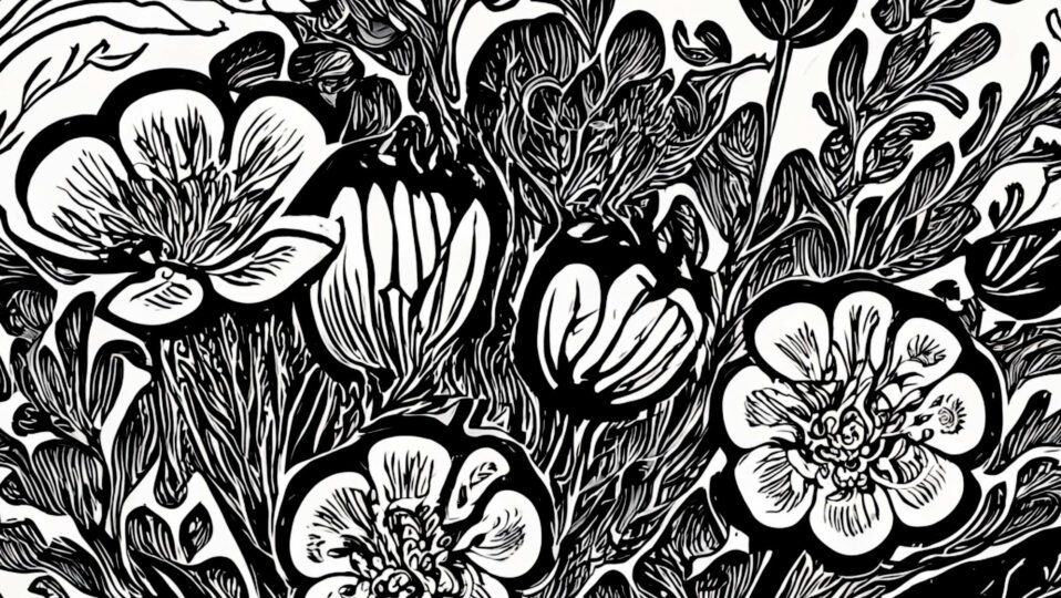 Exuberant Flowers, Black and White Woodcut