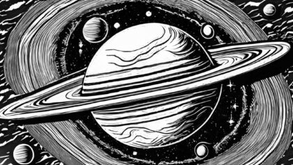 A woodcut of Saturn in the cosmos