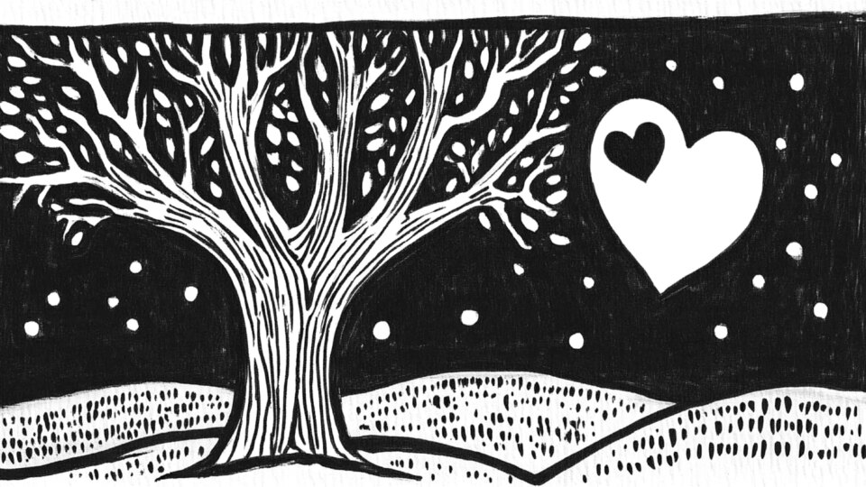 Black and white woodcut of a tree at night with a heart in a heart to the right in background.