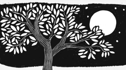 A coarse woodcut of a tree at night with a bright, full moon in the background.