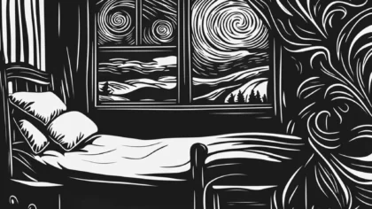 A black and white woodcut of a bedroom with a window looking out onto a night reminiscent of Van Gogh's Starry Night