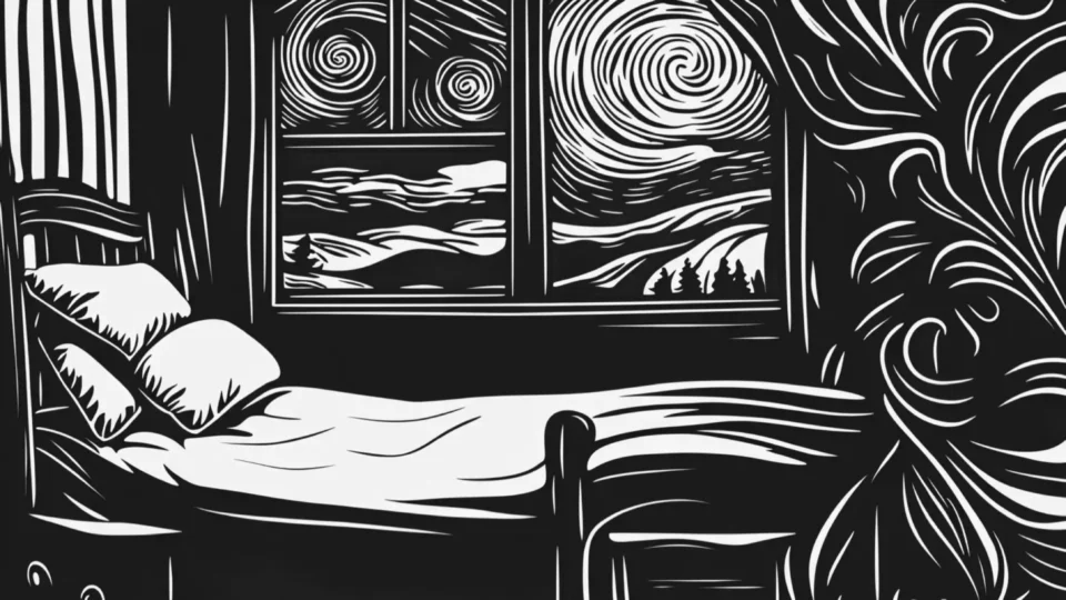 A black and white woodcut of a bedroom with a window looking out onto a night reminiscent of Van Gogh's Starry Night