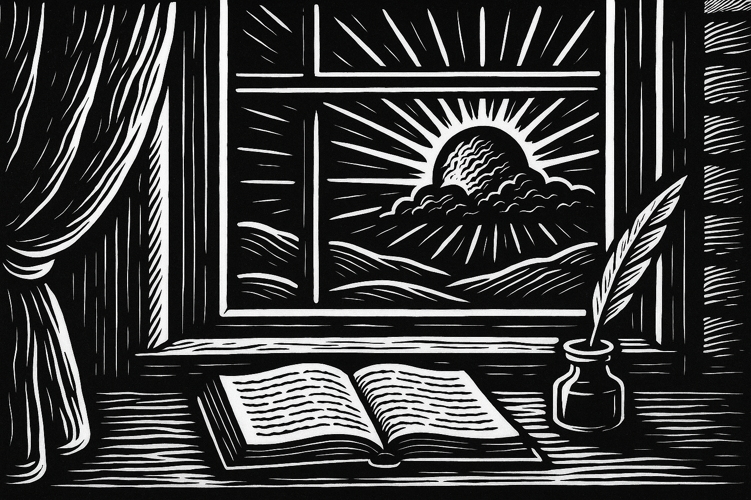 Even Now... a book and quill woodcut with light in the distance.